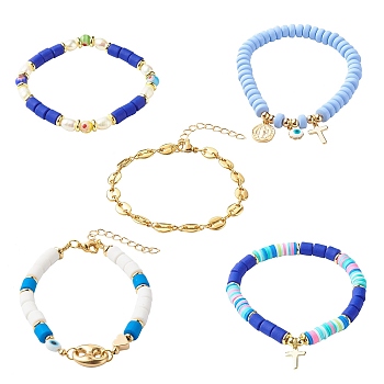 5Pcs 5 Style Handmade Polymer Clay Stretch & Brass Beaded & Alloy Link Chain Bracelets Set, with Millefiori Glass Beads and Pearl Beads, Brass Charm, Cross & Evil Eye, Blue, Inner Diameter: 2.09 inch(53mm)~2-5/8 inch(6.8cm), 5Pcs/set