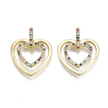 Brass Micro Pave Cubic Zirconia Pendants, Nickel Free, Heart, Real 16K Gold Plated, 24x19x5mm, Hole: 2x5mm