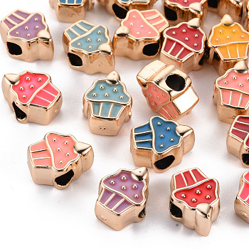 UV Plating Acrylic European Beads, with Enamel, Large Hole Beads, Mixed Color, Cupcake, Light Gold, 14.5x11x7.5mm, Hole: 4mm