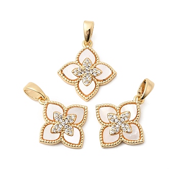 Natural Shell & Clear Cubic Zirconia Pendants, Brass Flower Charms, Real 18K Gold Plated, 17.5x15.5x2.5mm, Hole: 5x2.5mm