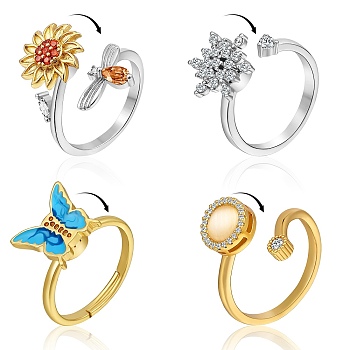 4Pcs 4 Style Cubic Zirconia Rotatable Cuff Ring for Calming Worry, Snowflake & Flower & Butterfly Fidget Spinner Open Rings , Platinum & Golden, US Size 6 1/2~8 1/4(16.9~18.3mm), 1pc/style