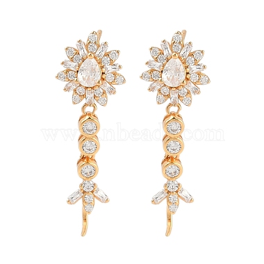 Real 18K Gold Plated Clear Flower Sterling Silver+Cubic Zirconia Stud Earring Findings