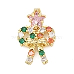 Christmas Brass Micro Pave Cubic Zirconia Pendants, Golden, Bowknot, 22.5mm, Hole: 3x5mm(KK-H518-03B-G)