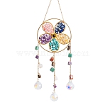 Flower Natural & Synthetic Gemstone Chips Hanging Suncatchers, with Iron Ring & Glass Round Charm for Outdoor & Garden Decor, Golden, 400mm(HJEW-F023-03)