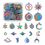 38Pcs 19 Style Alloy Charms, Planet & Double Horn/Crescent Moon & Sun, Rainbow Color, 12~36x10.5~25.5x1~3mm, Hole: 1.4~3.5mm, 2pcs/style(FIND-KS0001-24)
