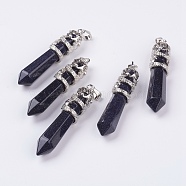 Synthetic Blue Goldstone Big Pointed Pendants, with Alloy Findings, Faceted, Bullet, Platinum, 59~63x11~12mm, Hole: 4x7mm(G-G738-A-12)