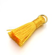 Nylon Tassel Pendant Decorations, with Golden Tone Iron Findings, Gold, 27~30x15mm, Jump Ring: 4mm, Hole: 4x2mm, 10pcs/bag(FIND-D015-17G)