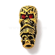 Rack Plating Tibetan Style Alloy 3 Hole Guru Beads, T-Drilled Beads, with Rhinestone, Skull, Antique Golden, 21x9x10mm, Hole: 2mm  and 2.5mm(PALLOY-F313-05AG)