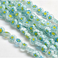 Handmade Millefiori Glass Flat Round Bead Strands, Single Flower Design, Light Cyan, 8x4mm, Hole: 1mm, about 53pcs/strand, 14.7 inch(LK-P011-18)