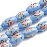 Handmade Printed Porcelain Beads, Oval, Floral Pattern, 14~16x8~9mm, Hole: 1.5~2mm, about 23pcs/Strand, 13.5 inch(34cm)(PORC-G004-A13)
