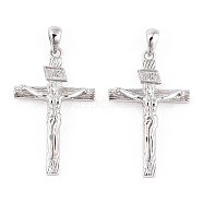 Rhodium Plated 925 Sterling Silver Pendants, Religion Jesus Cross with 925 Stamp, Real Platinum Plated, 32x19x5mm, Hole: 3x4mm(STER-T007-41P)