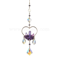 Natural Amethyst Wrapped Heart Hanging Ornaments, Leaf Glass Tassel Suncatchers for Home Outdoor Decoration, 282~288x54mm(HJEW-JM01614-01)