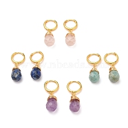 Brass Huggie Hoop Earrings, with Wire Wrapped Faceted Natural Gemstone Pendants, Teardrop, Golden, 33.5~34mm, Pin: 1mm(EJEW-JE04294)