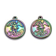 Ion Plating(IP) 304 Stainless Steel Pendants, Flat Round with Archangel Michael, Rainbow Color, 24x20.5x2.5mm, Hole: 1.8mm(STAS-P218-09MC)