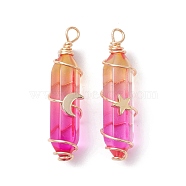 2Pcs 2 Style Two Tone Glass Double Terminated Point Beads Pendants Set, Moon & Star Golden Copper Wire Wrapped Charms, Magenta, 38~39x10x18mm, Hole: 3mm, 1Pc/style(PALLOY-JF02538-04)