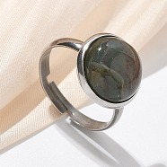 Half Round Natural Indian Agate Finger Rings, 304 Stainless Steel Adjustable Rings for Women, Round: 14mm, US Size 7 1/4(17.5mm)(RJEW-M062-01P-22)