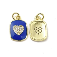 Real 18K Gold Plated Brass Micro Pave Clear Cubic Zirconia Pendants, with Jump Ring & Enamel, Rectangle with Heart Charm, Blue, 16x10.5x2mm, Hole: 3.5mm(KK-E068-VB446-1)