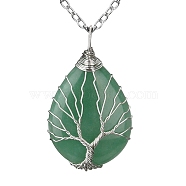 Natural Green Aventurine Teardrop Pendant Necklace, Platinum Copper Wire Wrap Necklace, 20.47 inch(52cm)(PW-WG91066-02)