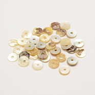 Flat Round Natural Akoya Shell Beads, Mother of Pearl Shell Beads, Tan, 5~6x1mm, Hole: 1mm, about 1440pcs/bag(SHEL-N034-11)