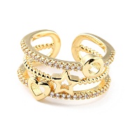 Brass Micro Pave Clear Cubic Zirconia Cuff Rings, Open Rings, Round & Stare & Heart, Real 18K Gold Plated, Clear, US Size 6(16.5mm), 8.5~12mm(X-RJEW-K233-61G)