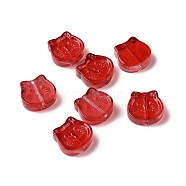 Transparent Spray Painted Glass Beads, Cat, Red, 13.5x14x5mm, Hole: 1.2mm(GLAA-I050-13A)