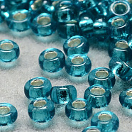 6/0 Grade A Round Glass Seed Beads, Silver Lined, Dark Turquoise, 6/0, 4x3mm, Hole: 1mm, about 4500pcs/pound(SEED-Q007-4mm-F51)