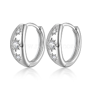 Flower Rhodium Plated 925 Sterling Silver Hoop Earrings, with Cubic Zirconia, with 925 Stamp, Platinum, 4mm(WR8479-2)