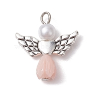 Resin Imitation Pearl Pendants, Rose Angel Charms with Antique Silver Plated Alloy Heart Wings, White, 23.5~24x21.5x7mm, Hole: 1.8~2.2mm(PALLOY-JF02566-12)