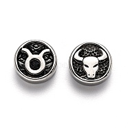 304 Stainless Steel Beads, Flat Round with Twelve Constellations, Antique Silver, Taurus, 10x4mm, Hole: 1.8mm(STAS-H156-01J)