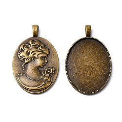 Tibetan Style Alloy Pendant Cabochon Settings, Oval with Woman Portrait on the Reverse Side, Cadmium Free & Nickel Free & Lead Free, Antique Bronze, Tray: 40x29mm, 51x32x6mm, Hole: 6x3mm(TIBEP-5342-AB-FF)