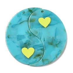 Acrylic Pendant, Yinyang with Heart, Medium Turquoise, 47.5x2.5mm, Hole: 2mm(FIND-Q105-07A)