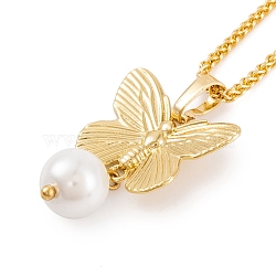 Butterfly Rack Plating Brass ABS Pearl Pendant Necklaces, Wheat Necklaces, Cadmium Free & Lead Free, Long-Lasting Plated, Real 18K Gold Plated, 17.60 inch(44.7cm)(NJEW-S423-03G)