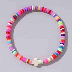 Bohemian Style Handmade Polymer Clay Heishi Beads Stretch Bracelets, White, 6-7/8 inch(17.5cm)(PN0199-2)