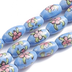 Handmade Printed Porcelain Beads, Oval, Floral Pattern, 14~16x8~9mm, Hole: 1.5~2mm, about 23pcs/Strand, 13.5 inch(34cm)(PORC-G004-A13)
