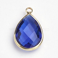 Glass Pendants, with Brass Findings, Faceted, teardrop, Golden, Blue, 22x14x6mm, Hole: 2mm(GLAA-E025-08-A01)