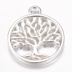 Brass Pendants, Flat Round with Tree of Life, Silver Color Plated, 18x15x2mm, Hole: 1.5mm(KK-P036-11S)