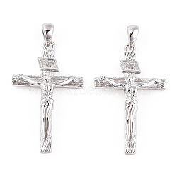 Rhodium Plated 925 Sterling Silver Pendants, Religion Jesus Cross with 925 Stamp, Real Platinum Plated, 32x19x5mm, Hole: 3x4mm(STER-T007-41P)