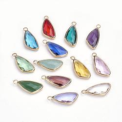 Glass Pendants, with Brass Findings, Faceted, Triangle, Golden, Mixed Color, 22x9.5~10x4~4.5mm, Hole: 2mm(GLAA-E025-03)
