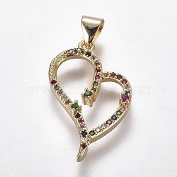 Brass Micro Pave Cubic Zirconia Pendants, Heart, Golden, Colorful, 24.5x16x3.5mm, Hole: 3.5x5mm(ZIRC-K079-40)