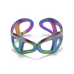Rainbow Color Ion Plating(IP) 304 Stainless Steel Hollow Open Cuff Ring for Women, US Size 7(17.3mm)(RJEW-A005-13)