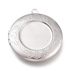 316 Stainless Steel Locket Pendant Cabochons Settings, Photo Frame Charms, Flat Round with Flower, Stainless Steel Color, 35x32.5x6mm, Hole: 2.3mm, Inner Diameter: 24.5mm(STAS-O132-04P)
