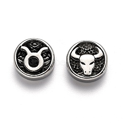 304 Stainless Steel Beads, Flat Round with Twelve Constellations, Antique Silver, Taurus, 10x4mm, Hole: 1.8mm(STAS-H156-01J)