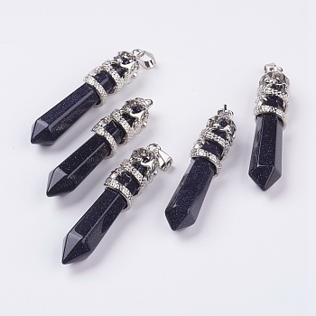 Synthetic Blue Goldstone Big Pointed Pendants, with Alloy Findings, Faceted, Bullet, Platinum, 59~63x11~12mm, Hole: 4x7mm
