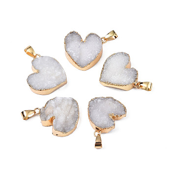 Natural Druzy Agate Pendants, with Golden Tone Brass Edge, Heart, 22~23x24.5~27x5~10mm, Hole: 7.5x4mm