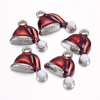 Brass Enamel Pendants, Lead Free and Nickel Free, Christmas Hat, Platinum Color, Dark Red and White, Size: about 16.5mm long, 17mm wide, 3mm thick, hole: 1.5mm