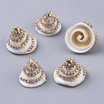 Natural Spiral Shell Pendants, with Brass Rhinestone Cup Chain and Brass Loops, Golden, Seashell Color, 17~20x18~22x17~20mm, Hole: 1.2mm