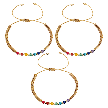 3Pcs Adjustable Chakra Natural & Synthetic Mixed Stone Round Bead Braided Bracelet Sets, Yellow, Inner Diameter: 11.02 inch(28cm)