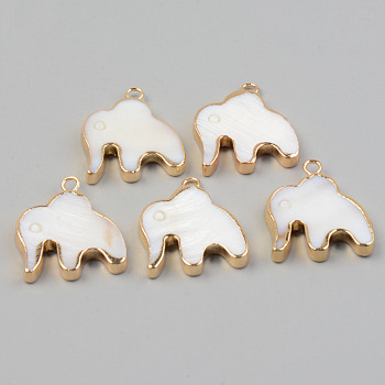 Electroplate Natural Freshwater Shell Pendants, with Golden Brass Findings, Elephant, Seashell Color, 23.5x19.5x3.5mm, Hole: 2mm