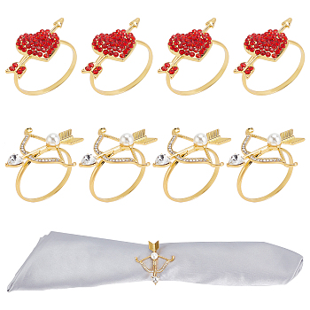 Fingerinspire Arrow & Heart Alloy Napkin Rings, with Resin Rhinestone, Napkin Holder Adornment, for Valentine's Day Place Setting, Golden, 44.5x49.5mm, Inner Dimeter: 35.5mm, 2 style, 4pcs/style, 8pcs