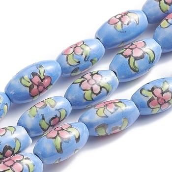 Handmade Printed Porcelain Beads, Oval, Floral Pattern, 14~16x8~9mm, Hole: 1.5~2mm, about 23pcs/Strand, 13.5 inch(34cm)